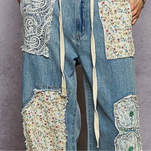 POL Boho Patchwork Denim Pants | Floral Appliqué Wide Leg Drawstring Jeans - Picture 6 of 9